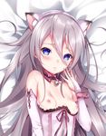  animal_ears bed_sheet bell bell_collar blue_eyes breasts bridal_gauntlets cat_ears collar cut_(bu-kunn) fake_animal_ears from_above grey_hair hair_between_eyes hairband highres long_hair looking_at_viewer nipples original pink_hairband small_breasts solo upper_body wrist_cuffs 