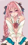  astolfo_(fate) blush crossdressing fate/apocrypha fate_(series) hair_ribbon highres long_hair looking_at_viewer male_focus open_mouth otoko_no_ko pink_hair ponytail purple_eyes ribbon school_uniform shisei_(kyuushoku_banchou) simple_background skirt solo thighhighs 