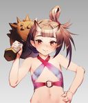  bangs bare_shoulders blunt_bangs blush brown_hair club commentary_request cozy flat_chest hair_rings hand_on_hip highres holding holding_weapon horn horns long_hair looking_at_viewer navel o-ring o-ring_top oni oni_horns original pointy_ears red_eyes side_ponytail simple_background smile solo weapon 