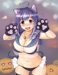  animal_ears bell blush breasts cat_ears cat_girl cat_paws cat_tail gloves highres huge_breasts jack-o'-lantern kantai_collection long_hair navel open_mouth paw_gloves paws solo taigei_(kantai_collection) tail thighhighs tomojo 