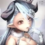  artist_name bad_id bad_pixiv_id breasts cleavage dated draph dress elbow_gloves fur_collar gloves granblue_fantasy hair_ornament halterneck hat highres horns izmir large_breasts lips pointy_ears red_eyes saraki snowflake_hair_ornament solo upper_body white_dress white_gloves white_hair white_hat 
