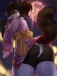  2016 anthro brown_hair butt clothing female fireworks green_eyes hair iwbitu japanese_clothing kimono mammal panties raccoon solo underwear 