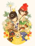  1girl :o backpack bag bangs baseball_cap beanie black_eyes black_hair blue_hair bow closed_eyes copyright_name cutiefly floral_print flower gen_7_pokemon green_shorts hair_bow hand_on_another's_shoulder hand_on_own_chin hat hat_pin indian_style kneeling litten mizuki_(pokemon) palm_tree pechika pokemon pokemon_(creature) pokemon_(game) pokemon_sm red_legwear rockruff rowlet shirt shoes short_hair short_sleeves shorts shoulder_bag sitting sneakers socks striped striped_shirt swept_bangs tail tail_bow tied_shirt togedemaru tree twitter_username wristband you_(pokemon) 