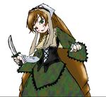  1girl blade blush brown_hair female fixme heterochromia holding_knife knife pixel_art rozen_maiden solo suiseiseki 