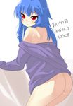  absurdres ass back blue_hair blush commentary_request from_behind highres hinanawi_tenshi light_frown long_hair looking_at_viewer naked_shirt red_eyes shirt signature sirousa09 solo touhou undressing very_long_hair 