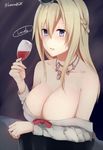  alcohol arm_support blonde_hair blue_eyes braid breasts collarbone corset cup dress drinking_glass english french_braid hair_between_eyes hairband kantai_collection large_breasts lips long_hair looking_at_viewer off-shoulder_dress off_shoulder sakiryo_kanna shiny shiny_skin solo twitter_username upper_body warspite_(kantai_collection) white_dress wine wine_glass 