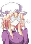  &gt;:( =3 adjusting_eyewear aki_chimaki bespectacled blonde_hair blush closed_mouth coke-bottle_glasses commentary_request dress_shirt frown glasses hat long_sleeves maribel_hearn mob_cap puffy_long_sleeves puffy_sleeves purple_shirt shirt sidelocks solo touhou upper_body v-shaped_eyebrows 