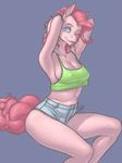  2016 anthro anthrofied armpits blue_eyes breasts cleavage clothed clothing earth_pony equine erect_nipples eyelashes female friendship_is_magic hair halter_top hands_behind_head hi_res horse ldr looking_at_viewer mammal midriff my_little_pony navel nipples nozzle one_eye_closed pink_hair pink_skin pinkie_pie_(mlp) pony shorts simple_background sitting smile solo wink 