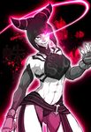  abs bracelet breasts detached_sleeves drill_hair evil_smile glowing glowing_eye halter_top halterneck han_juri jewelry large_breasts looking_at_viewer marimo_(yousei_ranbu) muscle muscular_female navel sideboob smile solo spiked_bracelet spikes street_fighter street_fighter_iv_(series) twin_drills underboob 