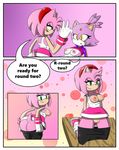  amy_rose anthro blaze_the_cat blush breasts cat clothing comic dialogue english_text feline female female/female fur green_eyes hair hedgehog mammal navel nipples pink_fur pink_hair purple_fur pussy raised_shirt sandunky skirt sonic_(series) text undressing yellow_eyes 