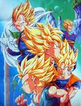  90s alien blonde_hair cape dragon_ball dragonball_z father_and_son halo looking_at_viewer male_focus multiple_boys muscle official_art piccolo scan serious son_gohan son_gokuu spiked_hair super_saiyan trunks_(dragon_ball) 