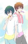  2boys back_to_back brothers brown_hair green_hair hand_in_pocket high_speed! kirishima_ikuya kirishima_natsuya male_focus popsicle raipanda red_eyes short_hair standing t-shirt towel 