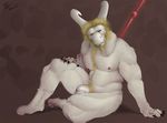  2016 anthro arm_support asgore_dreemurr balls beard blonde_hair body_hair boss_monster brown_background brown_eyes caprine chest_hair claws digital_media_(artwork) facial_hair flaccid full-length_portrait fur goat hair hand_on_thigh happy_trail horn humanoid_penis male mammal melee_weapon nipples nude penis pinup polearm portrait pose signature simple_background sitting solo uncut undertale video_games weapon white_balls white_fur white_horn white_penis zomacaius 