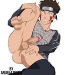  1boy abs anus ass barefoot bottomless brown_hair erection feet headband inuzuka_kiba leg_lift lying male_focus muscle pecs penis smile solo testicles toes undressing 