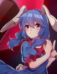  ambiguous_red_liquid animal_ears blue_dress blue_hair bunny_ears bunny_tail dress ear_clip frilled_sleeves frills holding looking_away mallet moon_rabbit puffy_short_sleeves puffy_sleeves red_eyes renka_(sutegoma25) seiran_(touhou) short_hair short_sleeves solo stain tail touhou twintails 