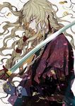  bangle bangs bead_necklace beads blonde_hair bracelet braid carrying_over_shoulder closed_eyes commentary_request earrings floating_hair from_side hair_ribbon hexagon highres holding holding_sword holding_weapon japanese_clothes jewelry katana kazari_tayu kimono knot lace_trim long_hair long_sleeves looking_down necklace original parted_lips prayer_beads profile purple_eyes red_ribbon ribbon single_braid solo sword tassel unsheathed upper_body wavy_hair weapon white_background 