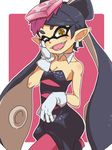  1girl :d aori_(splatoon) bare_arms bare_shoulders black_hair bow cowboy_shot domino_mask earrings gazacy_(dai) gloves hair_bow hand_on_own_face hat highres jewelry looking_at_viewer mask mini_hat mole mole_under_eye one_eye_closed open_mouth pantyhose pink_background pink_legwear pointy_ears puffy_shorts short_eyebrows shorts simple_background smile solo splatoon_(series) splatoon_1 tentacle_hair twintails white_gloves 