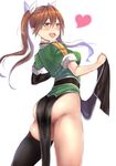  1girl ass bad_id bad_pixiv_id black_gloves black_thighhighs blush breasts brown_hair commentary_request cowboy_shot elbow_gloves eyebrows gloves green_shirt hair_ribbon heart highres kantai_collection loincloth loincloth_lift long_hair looking_at_viewer looking_back medium_breasts no_panties panties ribbon shiny_skin shirt single_elbow_glove single_glove single_thighhigh skindentation sleeves_rolled_up smile solo thighhighs tight_clothes tone_(kancolle) tone_kai_ni_(kancolle) twintails underwear untue white_ribbon yellow_eyes 