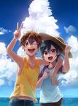  ;) ;d arm_around_neck blue_hair blue_sky brothers brown_hair child cloud cloudy_sky collarbone day hair_between_eyes hat high_speed! kirishima_ikuya kirishima_natsuya male_focus multiple_boys navel one_eye_closed open_mouth outdoors raglan_sleeves rayu siblings sky smile sun_hat tank_top v 