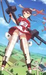  aircraft airplane alternate_costume animal_ears apron ass_visible_through_thighs blue_sky blush cloud commentary day dirndl dog_ears dog_tail dress dual_wielding flying frills german_clothes gertrud_barkhorn gun highres holding holding_weapon long_hair looking_at_viewer machine_gun mg42 outdoors panties pantyshot puffy_short_sleeves puffy_sleeves red_dress short_dress short_sleeves sky smile solo strike_witches striker_unit tail underbust underwear upskirt weapon white_panties world_witches_series yokaze_japan 