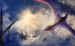  ambiguous_gender black_hair claws cloud day detailed_background digital_media_(artwork) dragon feral flying hair horn isvoc membranous_wings outside purple_skin sky smile solo spread_wings sun wings 
