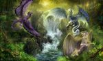  amazing_background ambiguous_gender blue_fur claws day detailed_background digital_media_(artwork) dragon duo feathered_wings feathers feral fur grass horn isvoc membranous_wings moss nude outside purple_feathers purple_fur water waterfall white_fur wings 