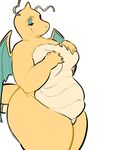  anthro big_breasts blush breasts dragonite eyelashes female glacierclear half-closed_eyes hand_on_breast nintendo pok&eacute;mon pok&eacute;morph simple_background slightly_chubby smile solo thick_thighs video_games white_background wings 