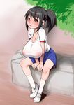  1girl black_hair breasts brown_eyes female gym_uniform j7w large_breasts long_hair nipples no_bra original outdoors ponytail see-through shirt shoes sitting socks solo sweat wet_clothes white_shirt white_socks 