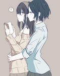  ! 2girls bad_id bad_pixiv_id black_hair book book_stack commentary_request from_side hairband halto_(citrus) hayami_kanade highres holding holding_book hug hug_from_behind idolmaster idolmaster_cinderella_girls long_hair long_sleeves multiple_girls off-shoulder_sweater off_shoulder open_book ribbed_sweater sagisawa_fumika short_hair simple_background sleeves_rolled_up spoken_exclamation_mark sweater yuri 