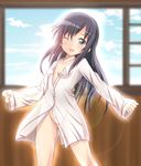  ;d asashio_(kantai_collection) backlighting black_hair blue_sky breasts collarbone day eyebrows eyebrows_visible_through_hair glowing groin indoors kantai_collection lens_flare long_hair looking_at_viewer naked_shirt one_eye_closed open_mouth see-through shirt silver_eyes sky sleeves_past_wrists small_breasts smile solo standing tamayan 