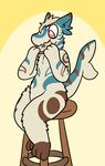  2016 aliasing ambiguous_gender anthro bagel blue_fur brown_fur digital_media_(artwork) eating fish fluffy fur furred_shark hair hybrid mammal marine nude orange_eyes shark simple_background sitting solo stool trout_(artist) 