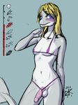  2016 anthro balls bikini blonde_hair blue_eyes blush breasts cetacean clothed clothing dickgirl dolphin erection freckles hair hi_res ineffective_clothing intersex jamie_(ldr) ldr mammal marine navel nipples penis skimpy solo swimsuit 