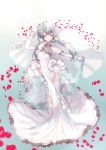  1girl bad_anatomy bare_shoulders blue_background blush breasts bridal_gauntlets bride dress elbow_gloves flower food_fantasy frills fugo_no_shako_(food_fantasy) full_body gloves gradient gradient_background hair_flower hair_ornament hair_rings highres long_hair looking_at_viewer low_twintails oni_horns ooyama_hirota petals red_eyes silver_hair small_breasts smile solo standing twintails veil wedding_dress white_dress white_gloves wristband 