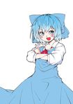 :d blue_eyes blue_hair blush bow cirno crossed_arms dress gradient_hair hair_bow hiro_(h-net) looking_at_viewer multicolored_hair open_mouth short_hair smile solo touhou v v-shaped_eyebrows 