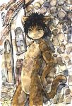  black_hair blush bottomless building clothed clothing colored cub detailed_background door featureless_crotch feline fur hair holding_object house kemono looking_at_viewer male mammal multicolored_fur mutsukemo outside smile topless traditional_media_(artwork) two_tone_fur young 