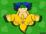  2016 animal_genitalia anthro anus balls butt claws digital_media_(artwork) erection evil_grin feet grass hair hi_res invalid_tag koopa koopaling looking_at_viewer ludwig_von_koopa lusarthel male mario_bros nintendo nude penis presenting presenting_anus presenting_hindquarters scalie signature smile teeth video_games 