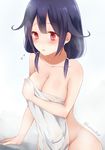  blush breasts cleavage covering covering_breasts embarrassed flying_sweatdrops hair_flaps kantai_collection large_breasts long_hair nude_cover purple_hair red_eyes sakiryo_kanna solo sweatdrop taigei_(kantai_collection) towel twitter_username 