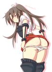  ass black_hair blush brown_eyes brown_hair hair_ribbon highres kantai_collection long_hair muneate panties panty_pull ribbon skirt solo tamayan thighhighs twintails underwear white_panties zuikaku_(kantai_collection) 