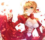  1girl ahoge bangs blonde_hair bow braid breasts cleavage closed_mouth commentary_request dress eburidei_hitomigokuu epaulettes eyebrows_visible_through_hair fate/extra fate_(series) green_eyes hair_between_eyes hair_bow hair_bun hair_intakes highres juliet_sleeves long_sleeves looking_at_viewer medium_breasts nero_claudius_(fate) nero_claudius_(fate)_(all) petals puffy_sleeves red_bow red_dress sidelocks simple_background sleeves_past_wrists smile solo white_background wide_sleeves 