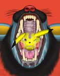  2016 3ds ambiguous_gender black_fur blue_fur brown_fur crying drooling duo english_text fangs feline feral fur gamemaniac hi_res luxray mammal nintendo nude open_mouth oral_vore pikachu pok&eacute;mon red_background red_nose rodent saliva shadow sharp_teeth simple_background size_difference sweat tears teeth text video_games vore watermark yellow_fur 