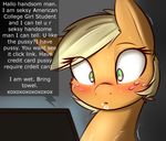  applejack_(mlp) blonde_hair captainpudgemuffin computer earth_pony english_text engrish equine eyelashes female feral freckles friendship_is_magic fur green_eyes hair horse mammal my_little_pony narrow_eyes orange_fur pony solo text 