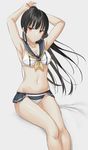  adapted_costume adjusting_hair aemu_(august_life) alternate_hairstyle armpits arms_behind_head bangs bare_arms bare_legs bikini black_hair blunt_bangs breasts cleavage collarbone front-tie_top groin isokaze_(kantai_collection) jitome kantai_collection long_hair looking_at_viewer medium_breasts navel red_eyes shiny shiny_skin showgirl_skirt sideboob sitting skindentation solo stomach swimsuit thighs white_bikini 