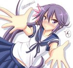  akebono_(kantai_collection) armpit_peek bell belly_peek blush flower foreshortening hair_bell hair_flower hair_ornament jingle_bell kantai_collection long_hair looking_at_viewer lying on_back outstretched_arms purple_eyes purple_hair reaching_out side_ponytail skirt solo tamayan very_long_hair 