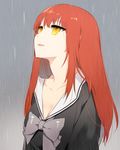  bad_id bad_pixiv_id bow carchet long_hair looking_up original parted_lips rain red_hair school_uniform solo tears yellow_eyes 