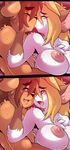  2016 big_breasts black_nose blonde_hair blue_eyes blush breasts brown_eyes brown_fur brown_hair canine cat chalo chest_tuft dog eyebrows eyelashes feline female fur hair huge_breasts kissing las_lindas long_hair male male/female mammal nude open_mouth pink_nose sarah_silkie smile tuft white_fur yellow_sclera 