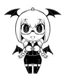  :d alternate_hair_length alternate_hairstyle bat bespectacled book chibi demon_tail framed_breasts full_body garter_straps glasses greyscale head_wings koakuma long_sleeves looking_at_viewer maru-sun monochrome necktie open_mouth pencil_skirt puffy_sleeves short_hair simple_background skirt skirt_set smile solo standing tail thighhighs touhou vest white_background 