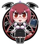  :d alternate_hair_length alternate_hairstyle bat bespectacled book chibi demon_tail framed_breasts full_body garter_straps glasses head_wings hexagram koakuma long_sleeves looking_at_viewer maru-sun necktie open_mouth pencil_skirt puffy_sleeves red_eyes red_hair red_neckwear short_hair skirt skirt_set smile solo standing tail thighhighs touhou vest 