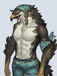  abs anthro avian beak bird clothed clothing open_mouth pecs rakurobit solo topless 