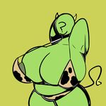  4chan ? anonymoo bald belly big_breasts bikini bovine breasts cattle cleavage clothed clothing colored digital_media_(artwork) eyeless female green_skin happy horn huge_breasts mammal nipples overweight pose simple_background smile solo standing swimsuit thick_thighs unknown_artist voluptuous wide_hips yellow_background 