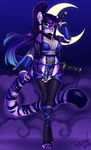  anthro feline female fishnet fur hair katana looking_at_viewer mammal melee_weapon pollo-chan smile solo standing sword tiger weapon wide_hips 